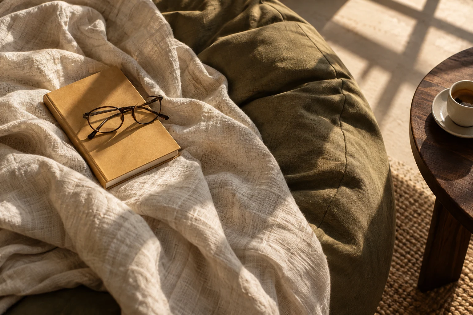 A warm living room with a beanbag, natural light, and a place to read